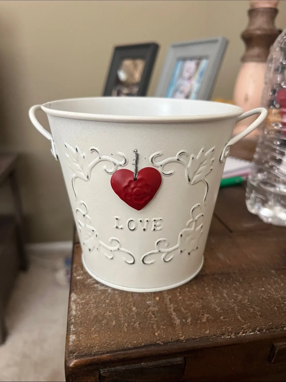 Cream 'Love' Decorative Metal Planter with Red Heart Accent